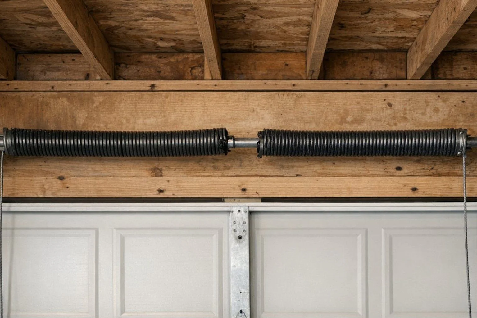 Snapped torsion spring above a closed white garage door